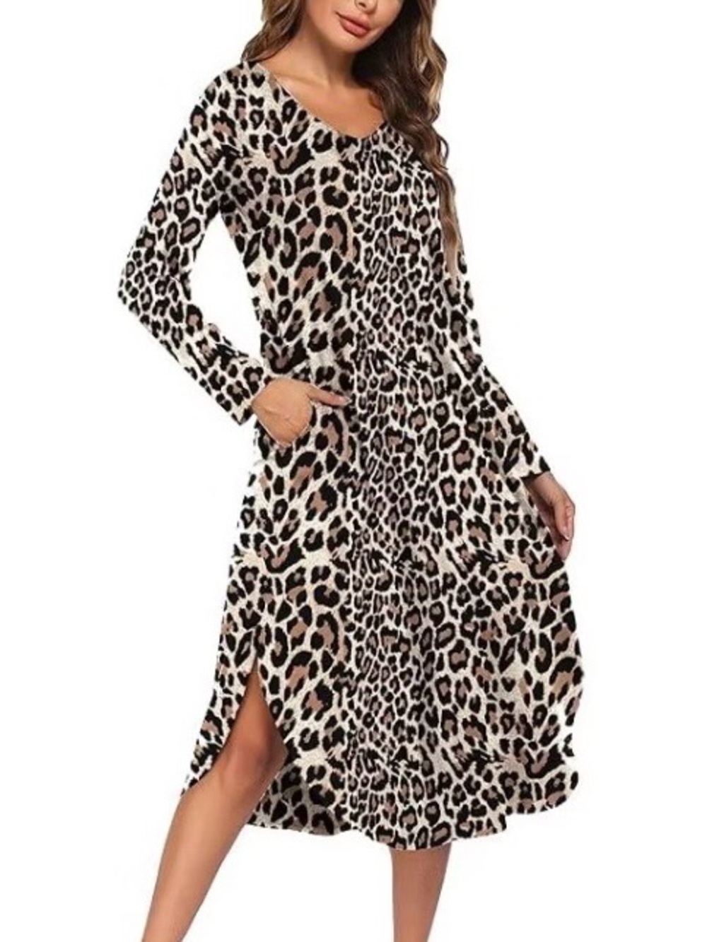 Ekouaer Womens Leopard Print Long Sleeve  Midi Dress Cotton Mix With‎ Pockets S.
